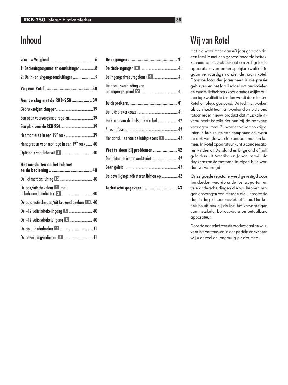 Wij van rotel, Inhoud | ROTEL RKB-250 User Manual | Page 38 / 56