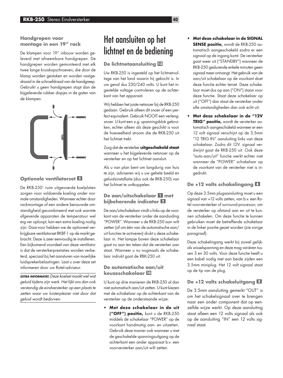 Het aansluiten op het lichtnet en de bediening | ROTEL RKB-250 User Manual | Page 40 / 56