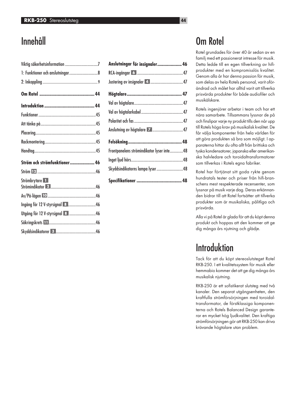 Om rotel, Introduktion, Innehåll | ROTEL RKB-250 User Manual | Page 44 / 56