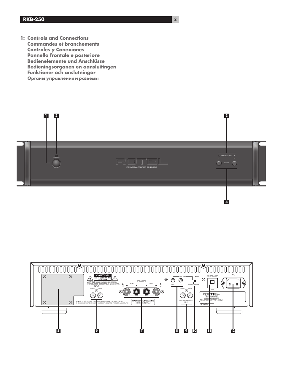 Rkb-250 power ampliﬁer, Rkb-250 | ROTEL RKB-250 User Manual | Page 8 / 56