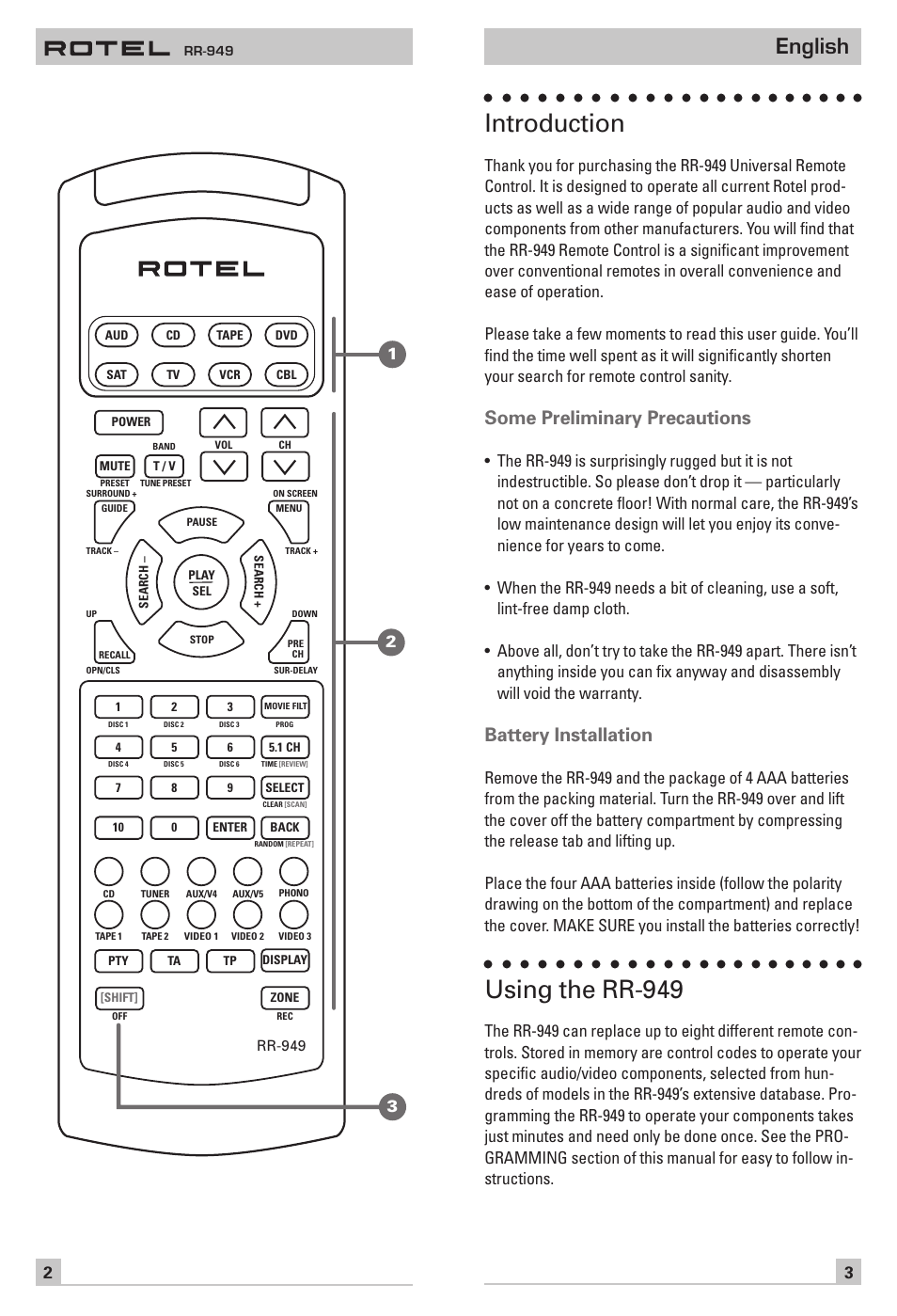 Introduction, Using the rr-949, English | Some preliminary precautions, Battery installation | ROTEL RR-949 User Manual | Page 2 / 10