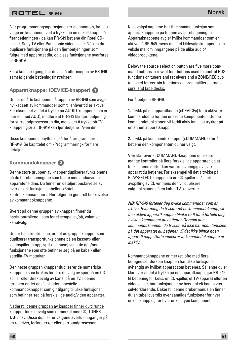 Norsk | ROTEL RR-949 User Manual | Page 7 / 10