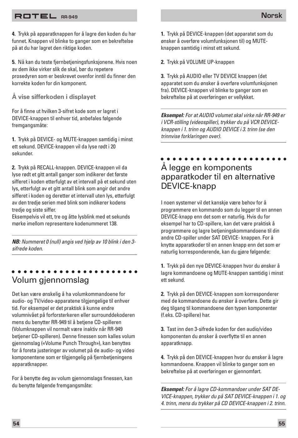 Volum gjennomslag, Norsk | ROTEL RR-949 User Manual | Page 9 / 10