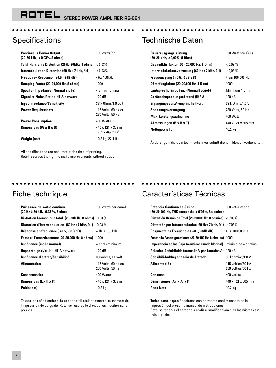 Specifications, Technische daten, Fiche technique | Características técnicas | ROTEL RB981 User Manual | Page 10 / 11