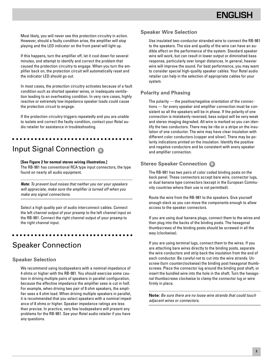 English, Input signal connection, Speaker connection | ROTEL RB981 User Manual | Page 7 / 11