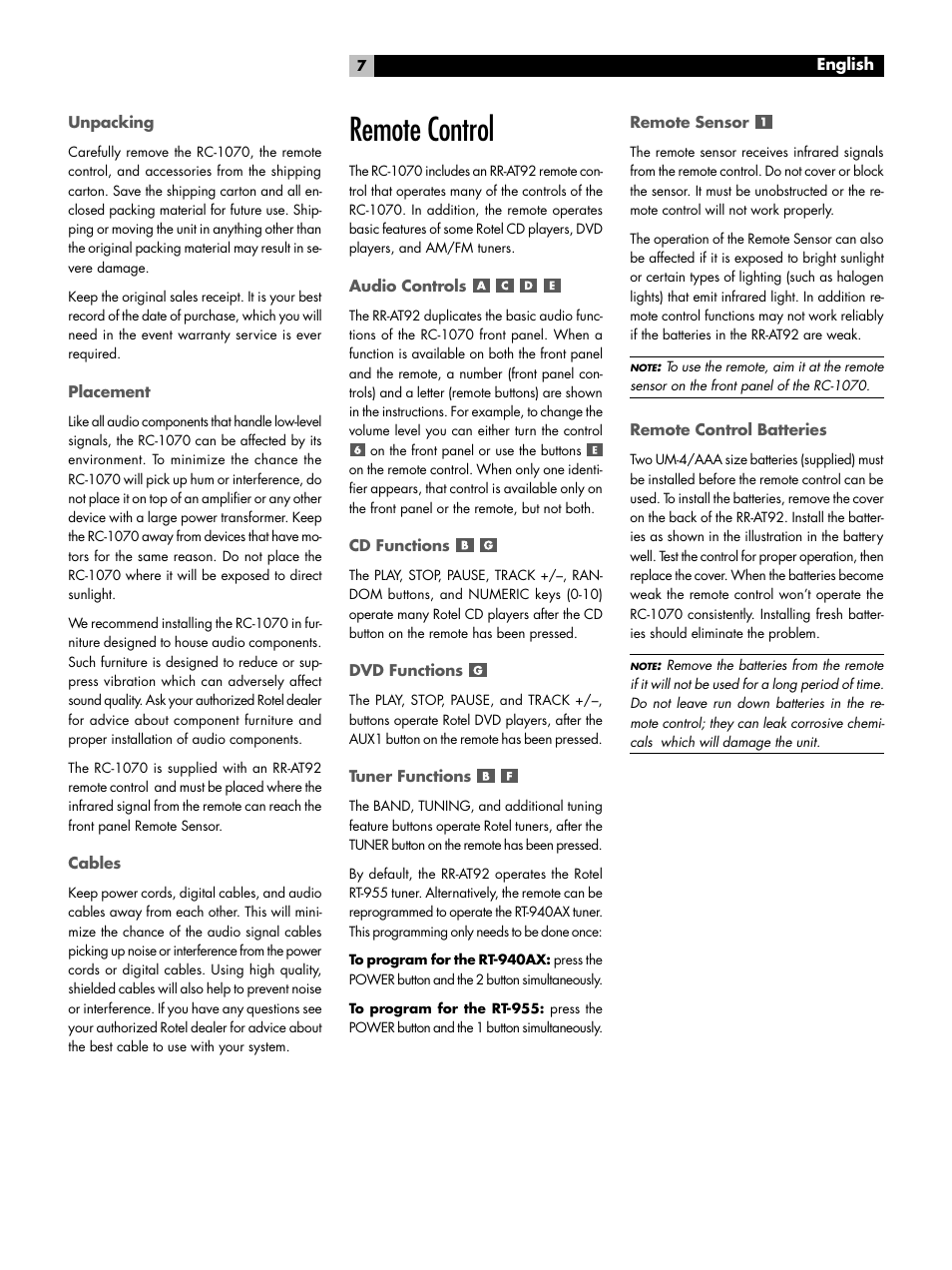 Unpacking, Placement, Cables | Remote control, Audio controls, Cd functions, Dvd functions, Tuner functions, Remote sensor, Remote control batteries | ROTEL RC-1070 User Manual | Page 7 / 12