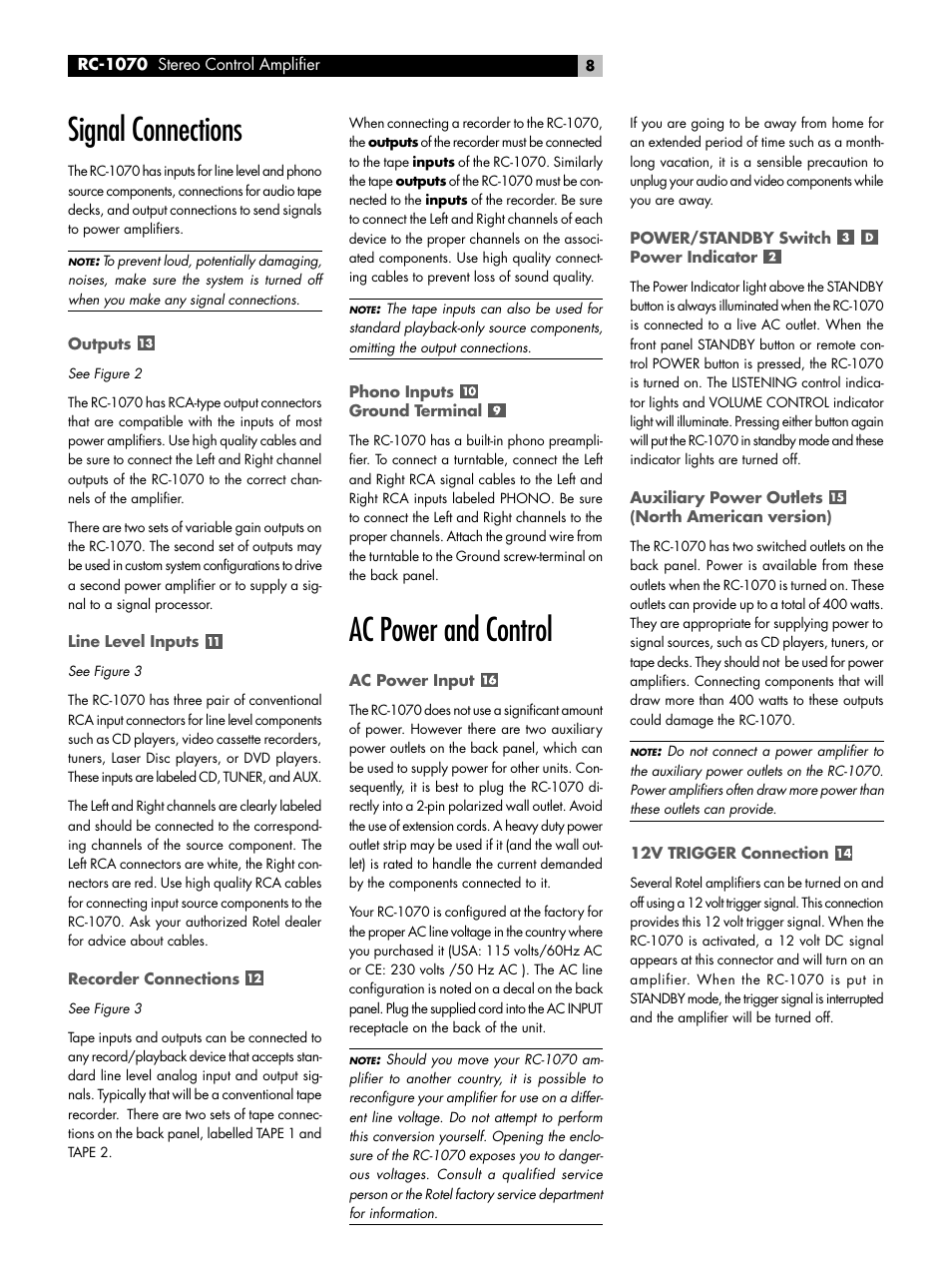 Signal connections, Outputs, Line level inputs | Recorder connections, Phono inputs ground terminal, Ac power and control, Ac power input, Power/standby switch power indicator, Auxiliary power outlets (north american version), 12v trigger connection | ROTEL RC-1070 User Manual | Page 8 / 12