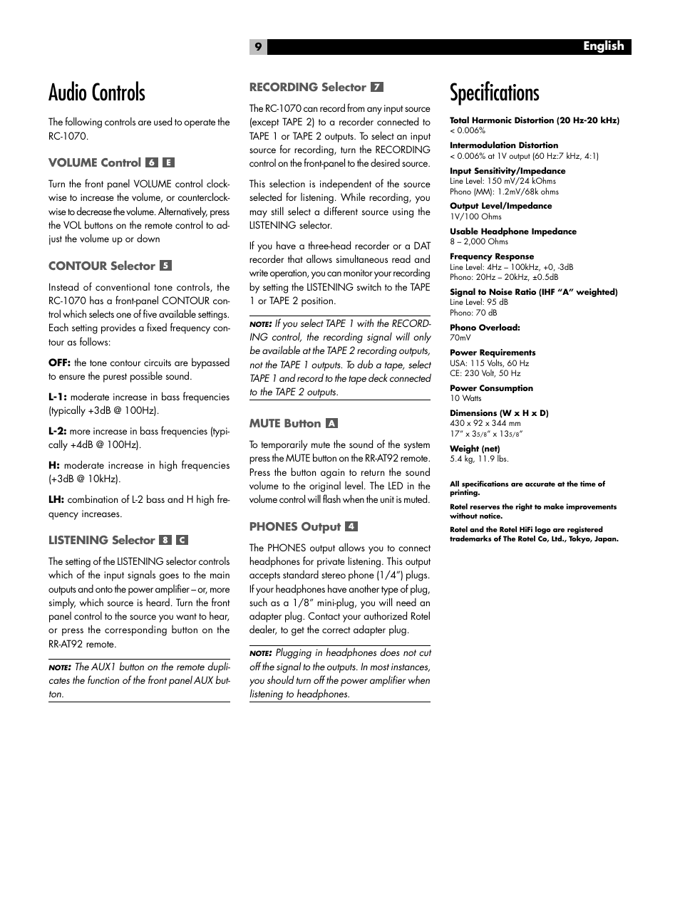 Audio controls, Volume control, Contour selector | Listening selector, Recording selector, Mute button, Phones output, Specifications, Audio controls volume control | ROTEL RC-1070 User Manual | Page 9 / 12