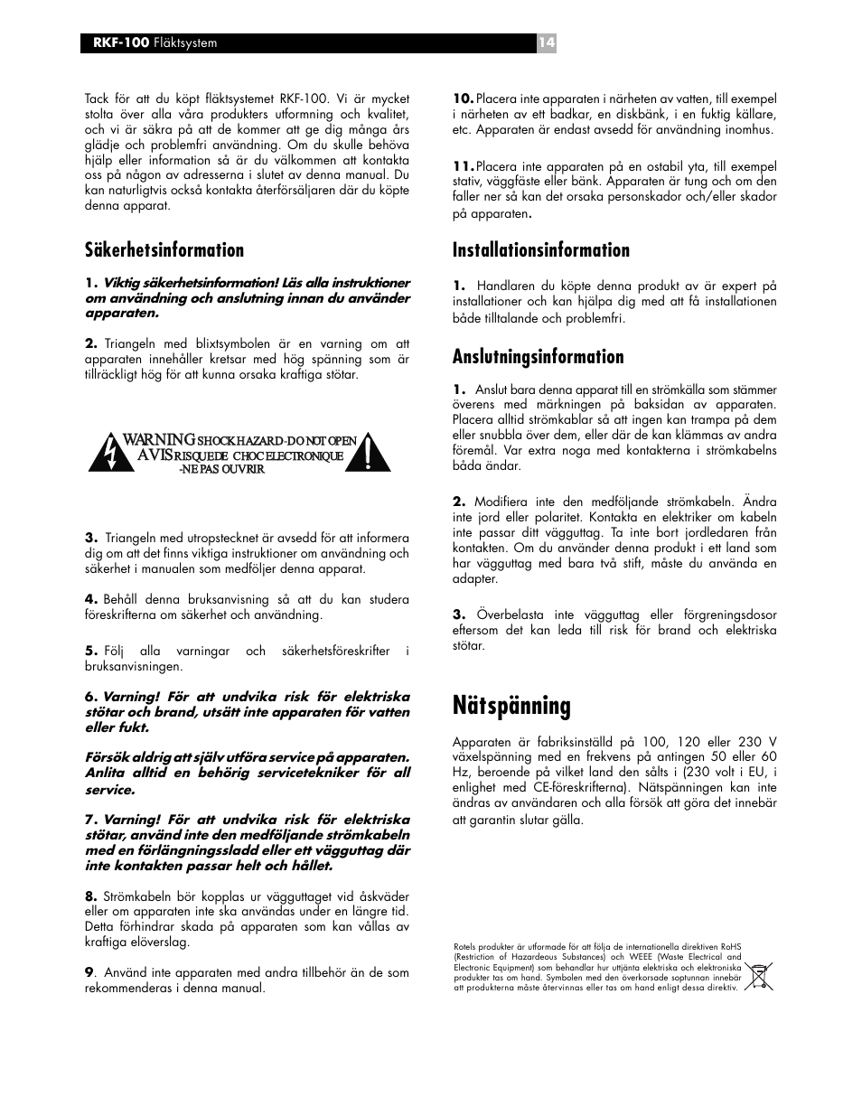 Nätspänning, Installationsinformation, Anslutningsinformation | Säkerhetsinformation, Av avis is wa warni rning ng | ROTEL RKF-100 User Manual | Page 14 / 26