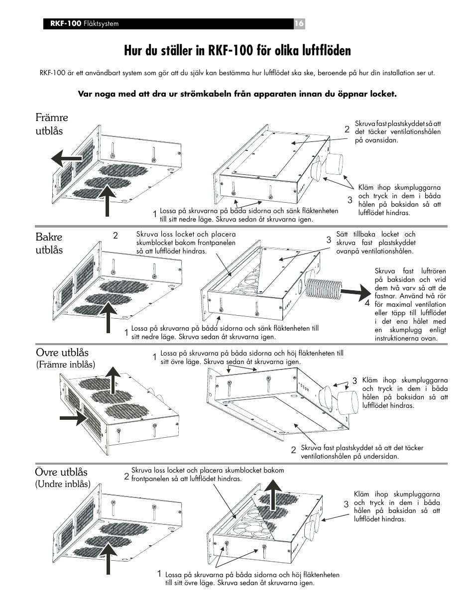 Hur du ställer in rkf-100 för olika luftfl öden, Främre utblås bakre utblås, Övre utblås | ROTEL RKF-100 User Manual | Page 16 / 26