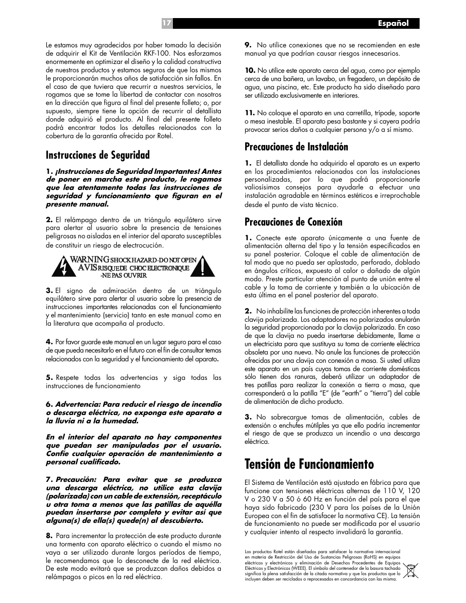 Tensión de funcionamiento, Precauciones de instalación, Precauciones de conexión | Instrucciones de seguridad, Av avis is wa warni rning ng | ROTEL RKF-100 User Manual | Page 17 / 26