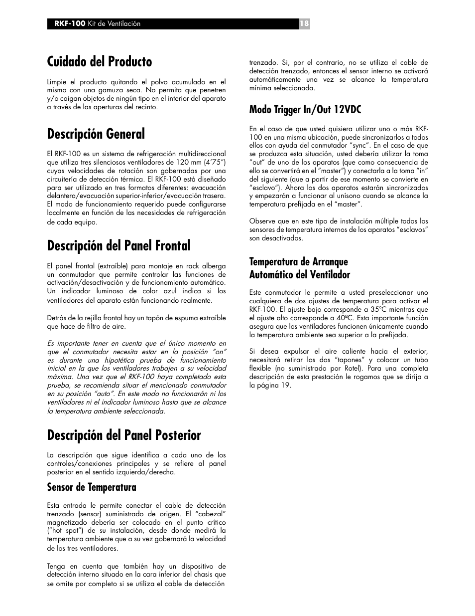 Cuidado del producto, Descripción general, Descripción del panel frontal | Descripción del panel posterior, Modo trigger in/out 12vdc, Temperatura de arranque automático del ventilador, Sensor de temperatura | ROTEL RKF-100 User Manual | Page 18 / 26