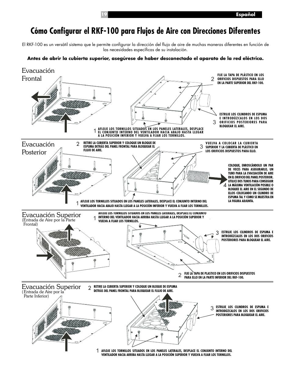 Evacuación frontal evacuación posterior, Evacuación superior | ROTEL RKF-100 User Manual | Page 19 / 26