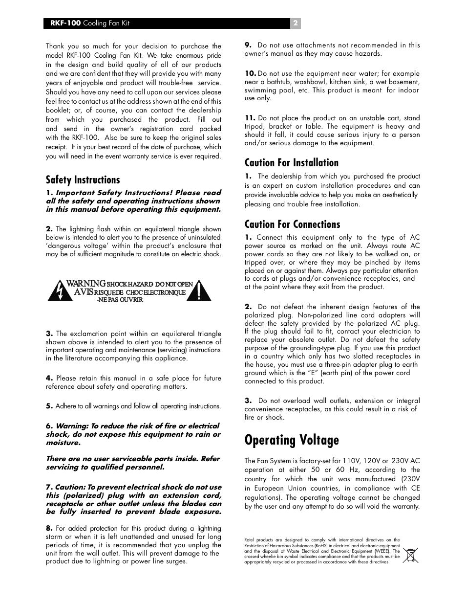 Operating voltage, Caution for installation, Caution for connections | Safety instructions, Av avis is wa warni rning ng | ROTEL RKF-100 User Manual | Page 2 / 26