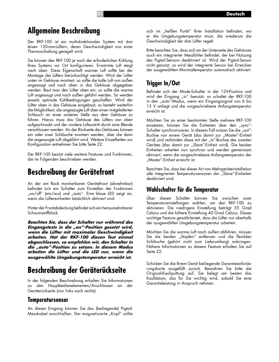 Allgemeine beschreibung, Beschreibung der gerätefront, Beschreibung der geräterückseite | Trigger in/out, Wahlschalter für die temperatur, Temperatursensor | ROTEL RKF-100 User Manual | Page 21 / 26