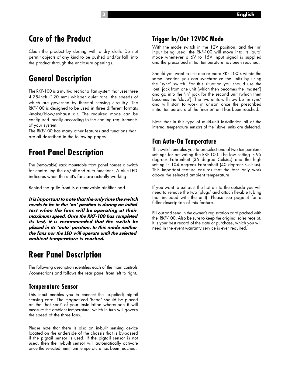 Care of the product, General description, Front panel description | Rear panel description, Trigger in/out 12vdc mode, Fan auto-on temperature, Temperature sensor | ROTEL RKF-100 User Manual | Page 3 / 26