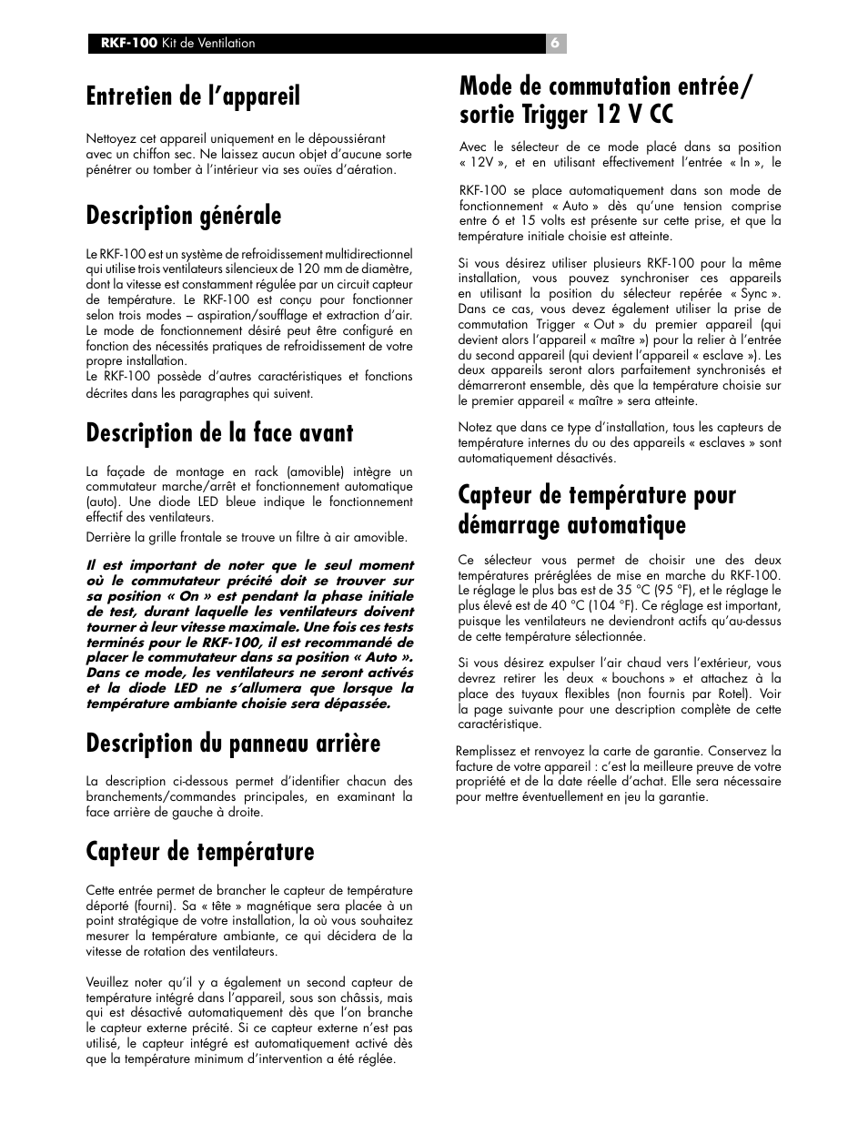 Mode de commutation entrée/ sortie trigger 12 v cc, Capteur de température pour démarrage automatique, Entretien de l’appareil | Description générale, Description de la face avant, Description du panneau arrière, Capteur de température | ROTEL RKF-100 User Manual | Page 6 / 26