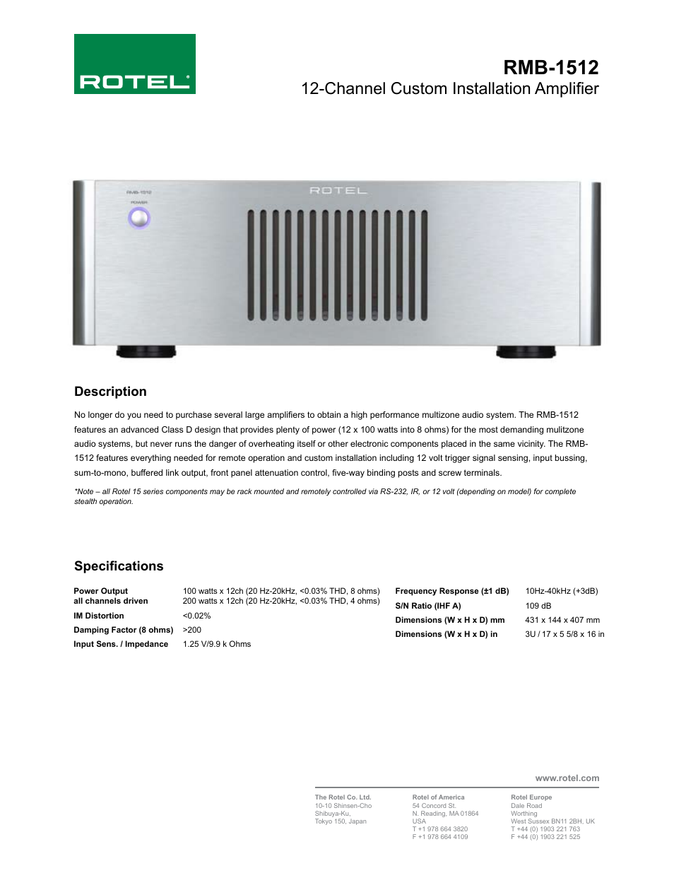 ROTEL RMB-1512 User Manual | 1 page