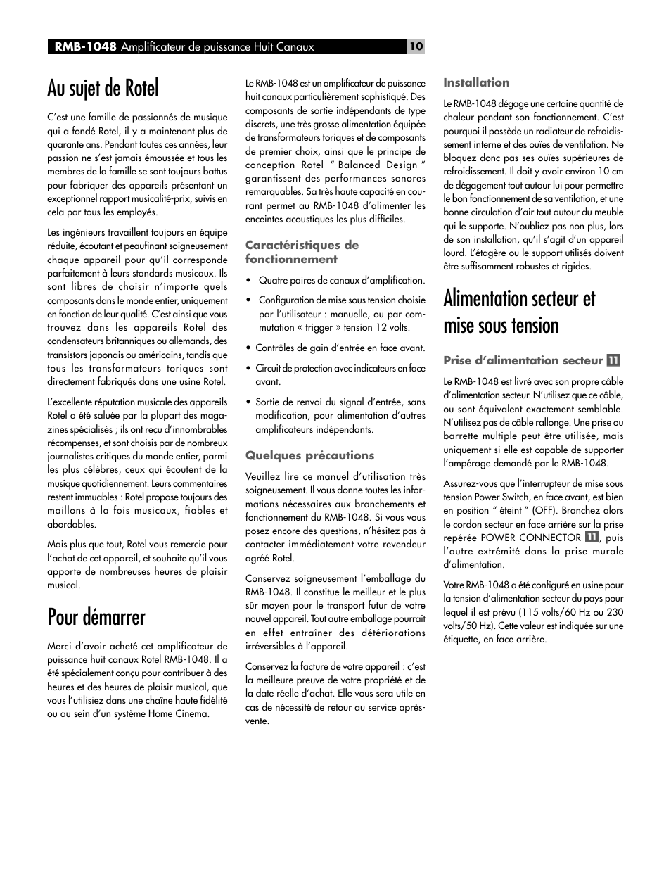 Au sujet de rotel, Pour démarrer, Alimentation secteur et mise sous tension | ROTEL Eight Channel Power Amplifier RMB-1048 User Manual | Page 10 / 40