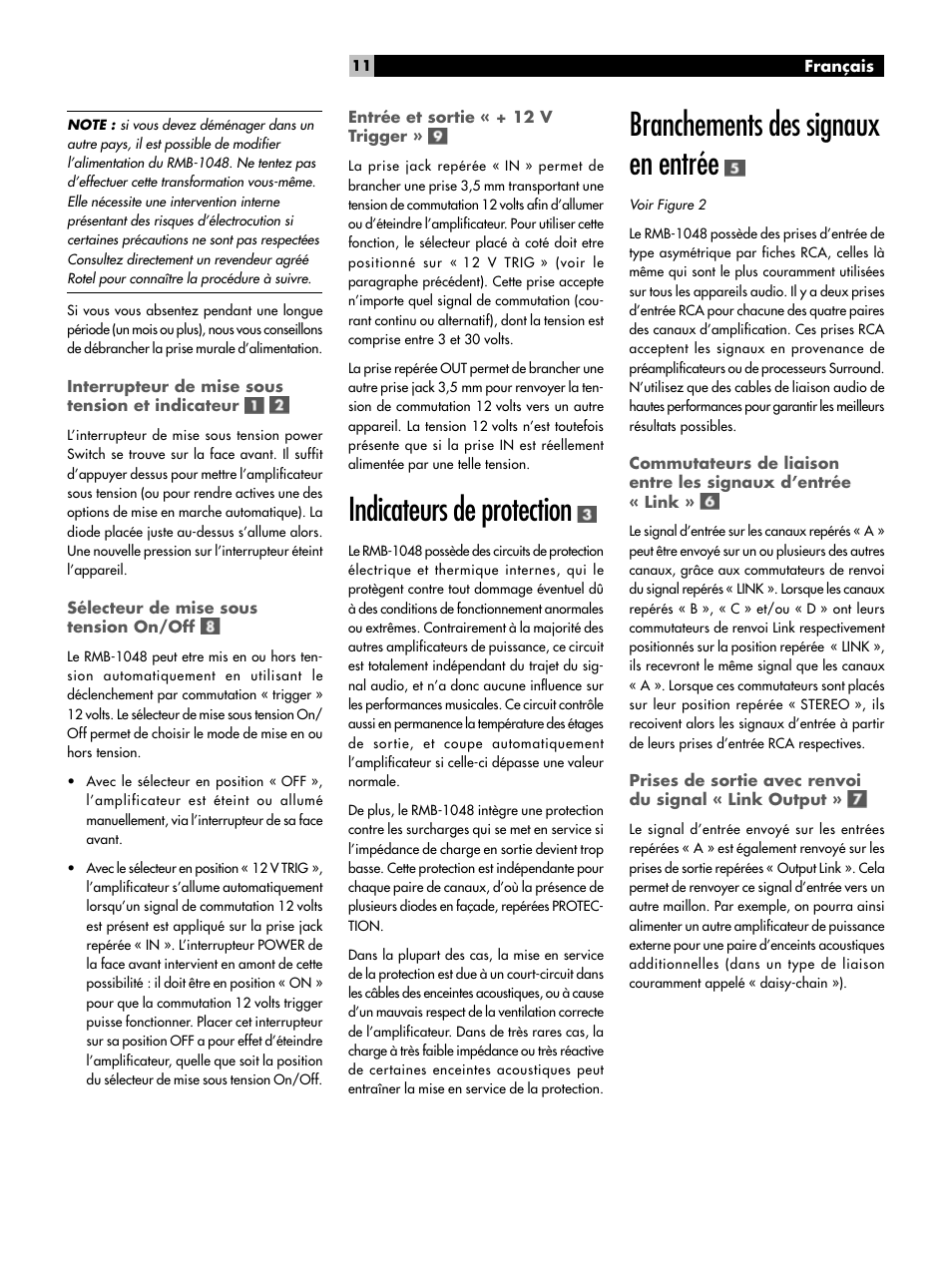 Indicateurs de protection, Branchements des signaux en entrée | ROTEL Eight Channel Power Amplifier RMB-1048 User Manual | Page 11 / 40