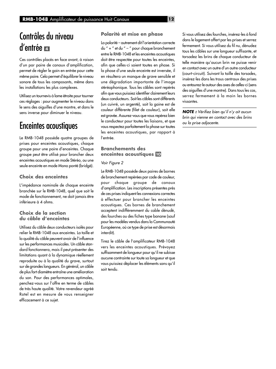 Contrôles du niveau d’entrée, Enceintes acoustiques | ROTEL Eight Channel Power Amplifier RMB-1048 User Manual | Page 12 / 40