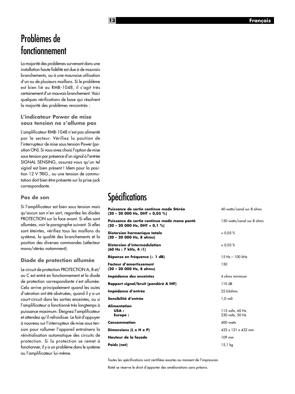 Problèmes de fonctionnement, Spécifications, Français | Pas de son, Diode de protection allumée | ROTEL Eight Channel Power Amplifier RMB-1048 User Manual | Page 13 / 40