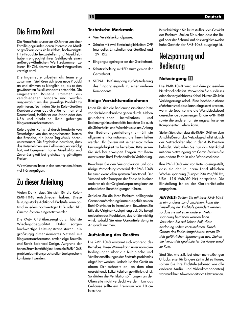 Die firma rotel, Zu dieser anleitung, Netzspannung und bedienung | ROTEL Eight Channel Power Amplifier RMB-1048 User Manual | Page 15 / 40