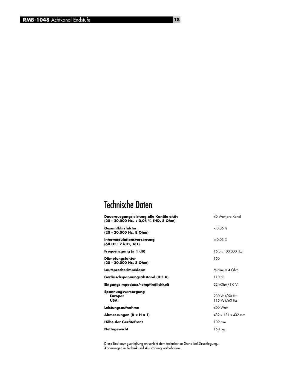Technische daten, Rmb-1048 achtkanal-endstufe | ROTEL Eight Channel Power Amplifier RMB-1048 User Manual | Page 18 / 40