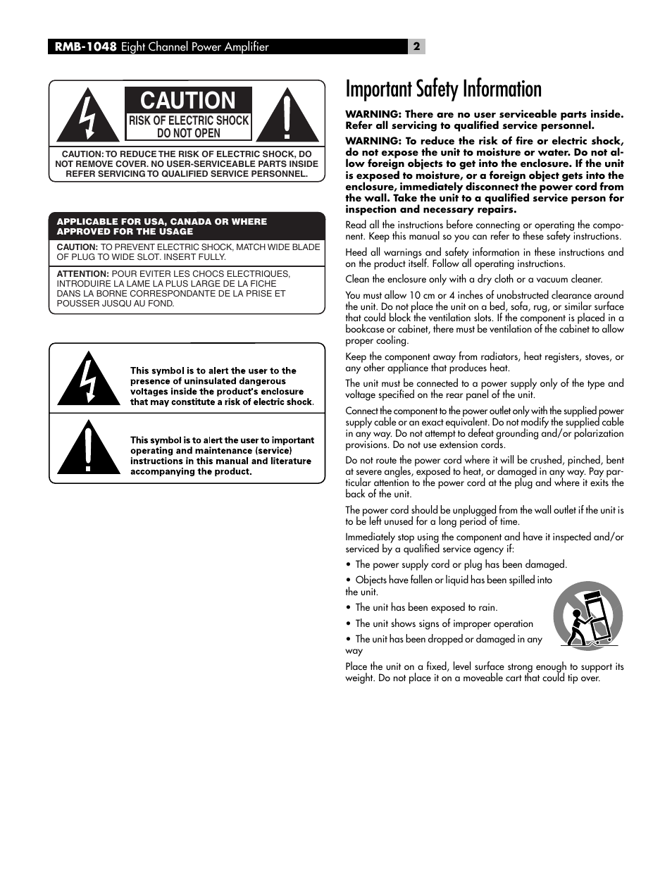 Caution, Important safety information | ROTEL Eight Channel Power Amplifier RMB-1048 User Manual | Page 2 / 40