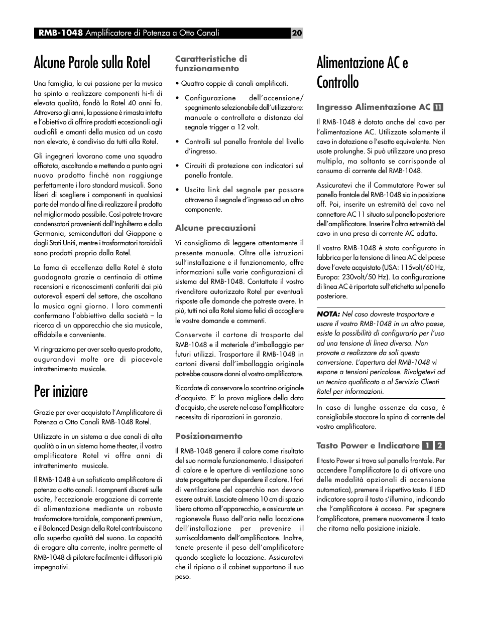 Alcune parole sulla rotel, Per iniziare, Alimentazione ac e controllo | ROTEL Eight Channel Power Amplifier RMB-1048 User Manual | Page 20 / 40