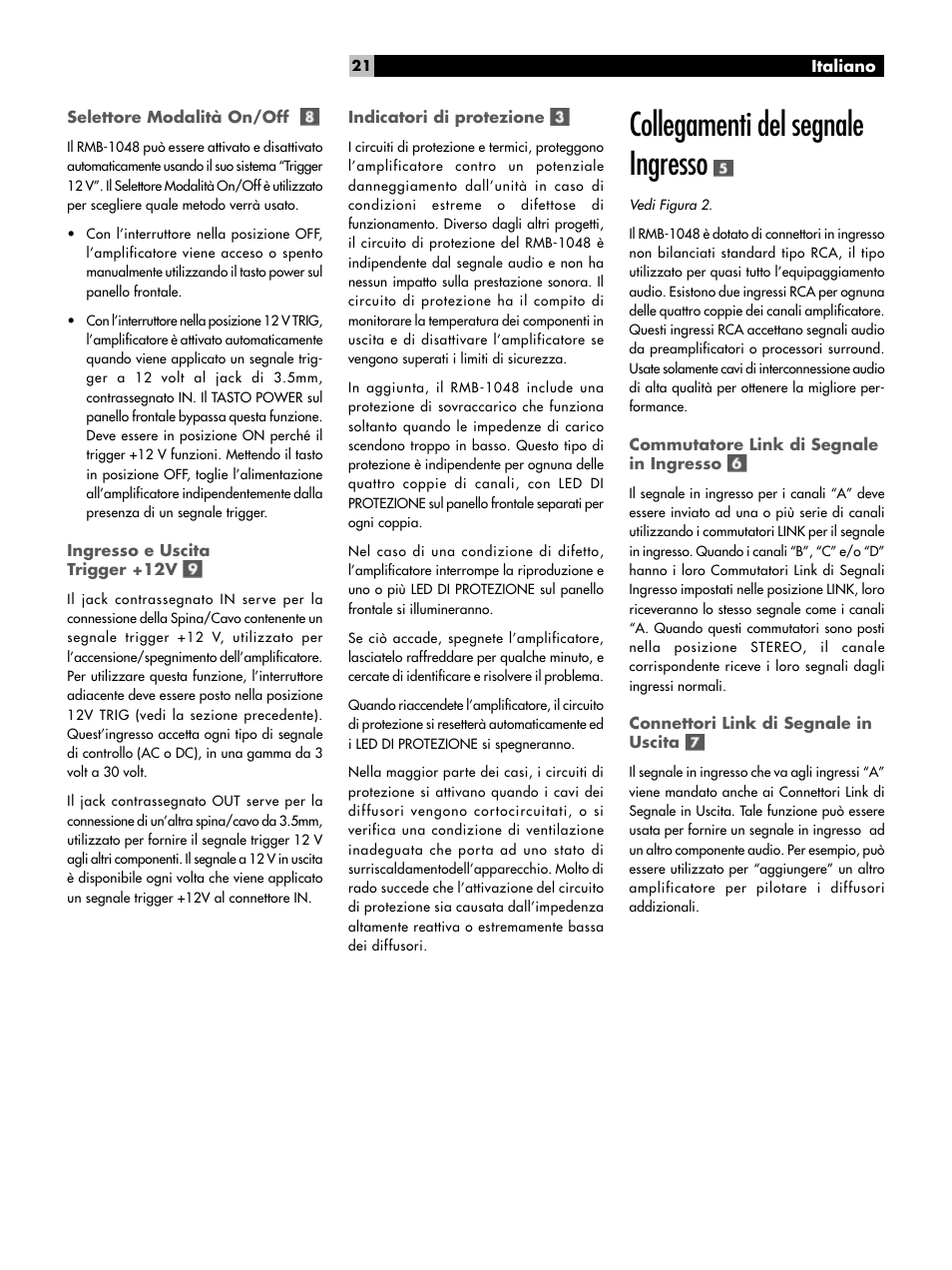 Collegamenti del segnale ingresso | ROTEL Eight Channel Power Amplifier RMB-1048 User Manual | Page 21 / 40
