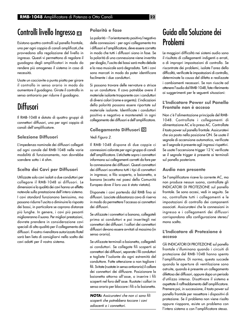 Controlli livello ingresso, Diffusori, Guida alla soluzione dei problemi | ROTEL Eight Channel Power Amplifier RMB-1048 User Manual | Page 22 / 40