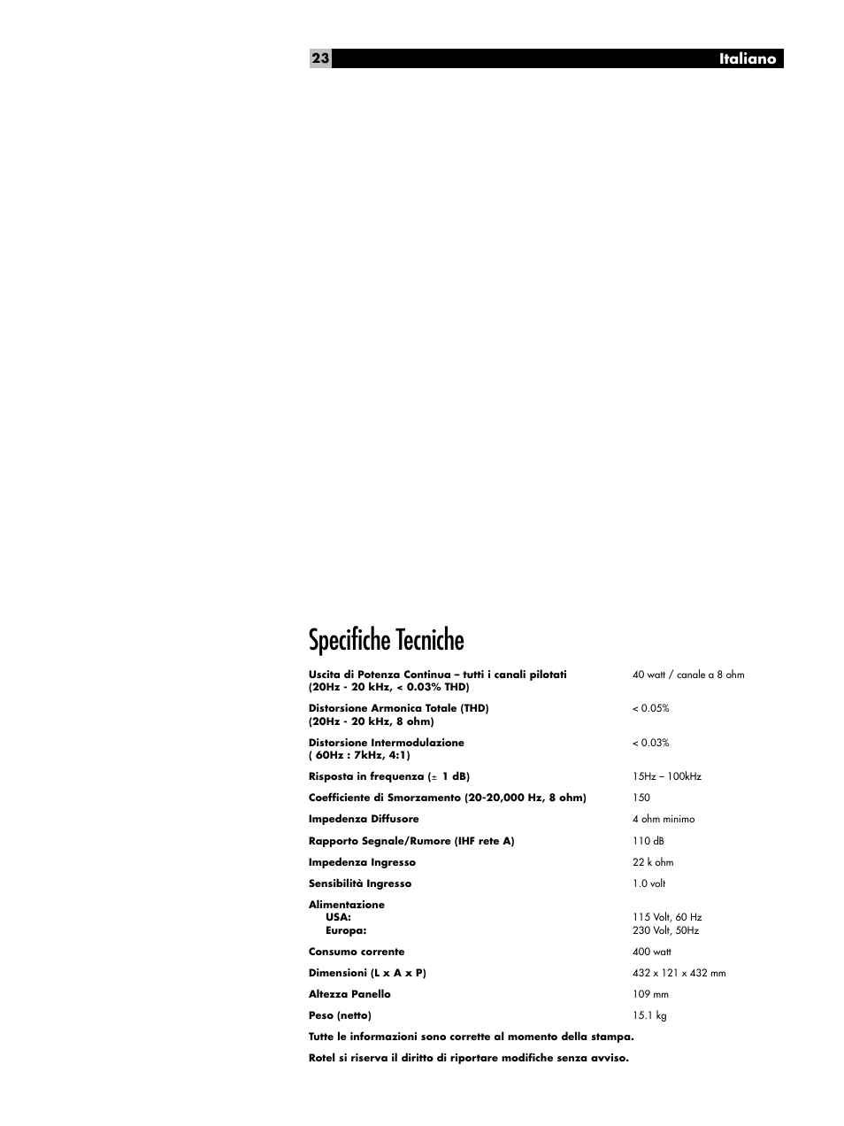 Specifiche tecniche, Italiano | ROTEL Eight Channel Power Amplifier RMB-1048 User Manual | Page 23 / 40