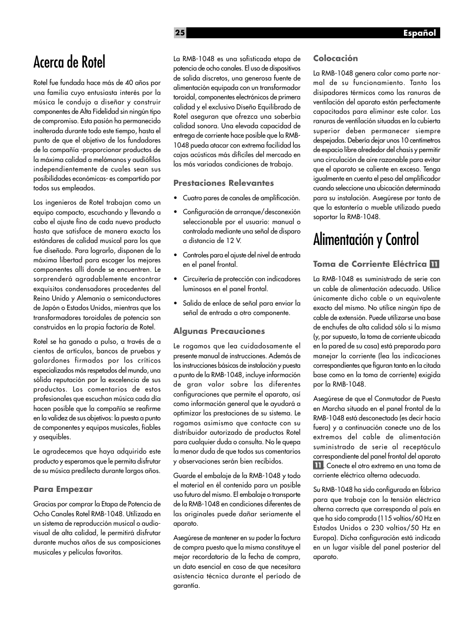 Acerca de rotel, Alimentación y control | ROTEL Eight Channel Power Amplifier RMB-1048 User Manual | Page 25 / 40