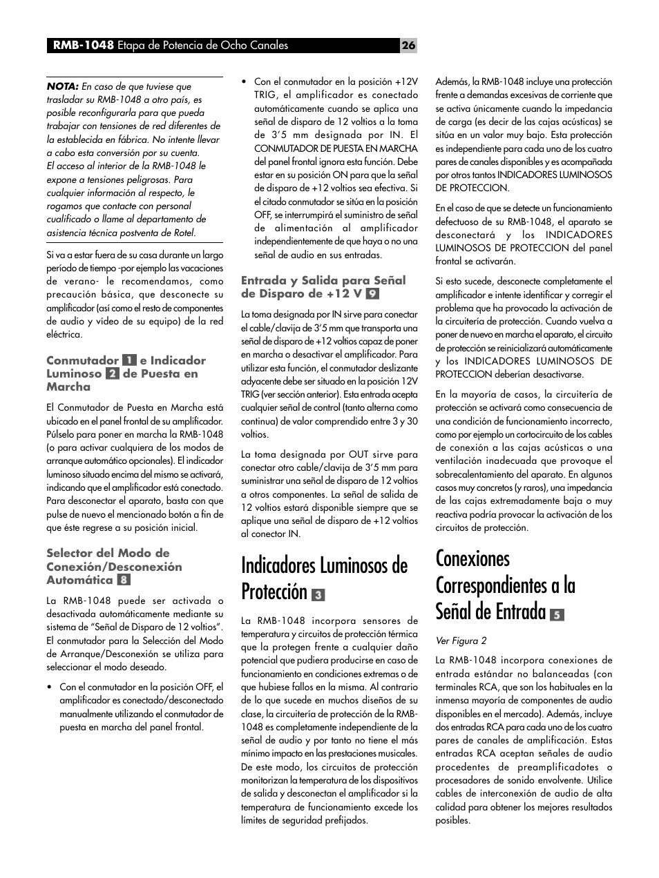 Indicadores luminosos de protección, Conexiones correspondientes a la señal de entrada | ROTEL Eight Channel Power Amplifier RMB-1048 User Manual | Page 26 / 40