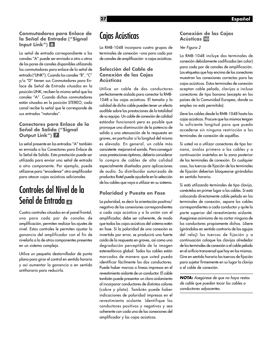 Controles del nivel de la señal de entrada, Cajas acústicas | ROTEL Eight Channel Power Amplifier RMB-1048 User Manual | Page 27 / 40