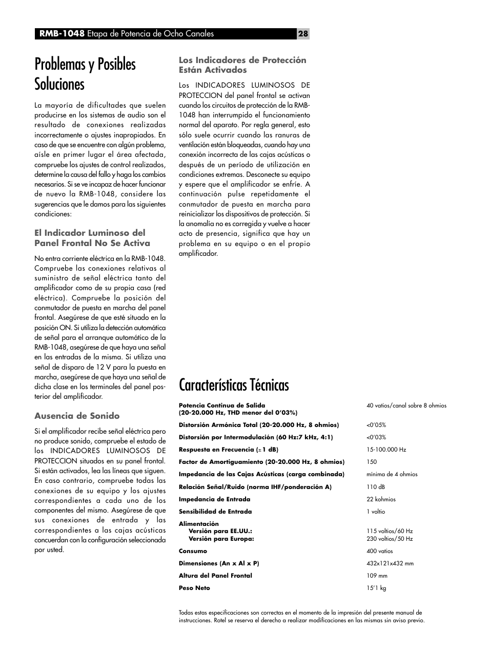 Problemas y posibles soluciones, Características técnicas | ROTEL Eight Channel Power Amplifier RMB-1048 User Manual | Page 28 / 40