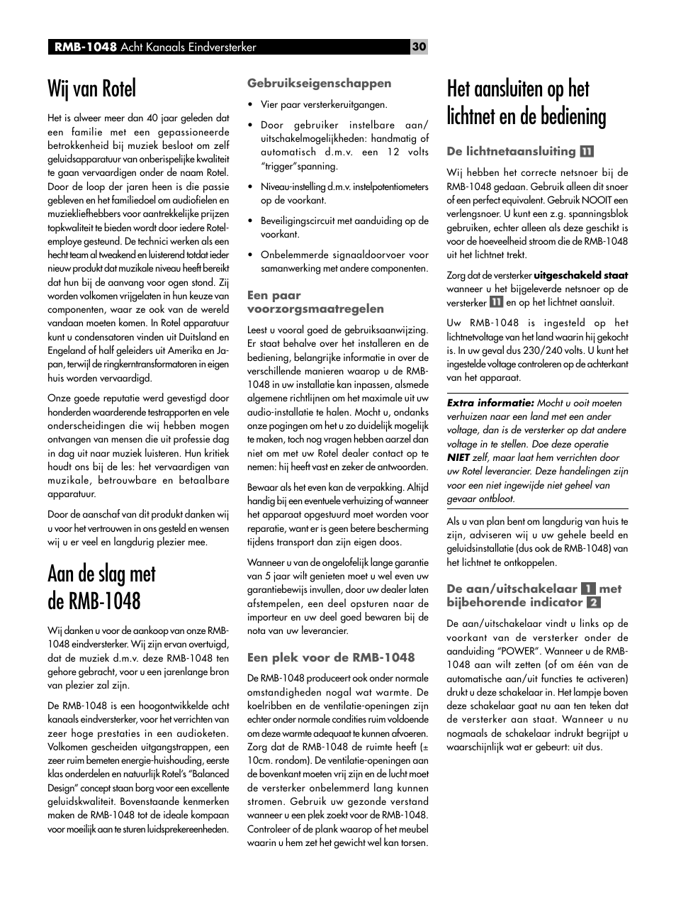 Wij van rotel, Aan de slag met de rmb-1048, Het aansluiten op het lichtnet en de bediening | ROTEL Eight Channel Power Amplifier RMB-1048 User Manual | Page 30 / 40