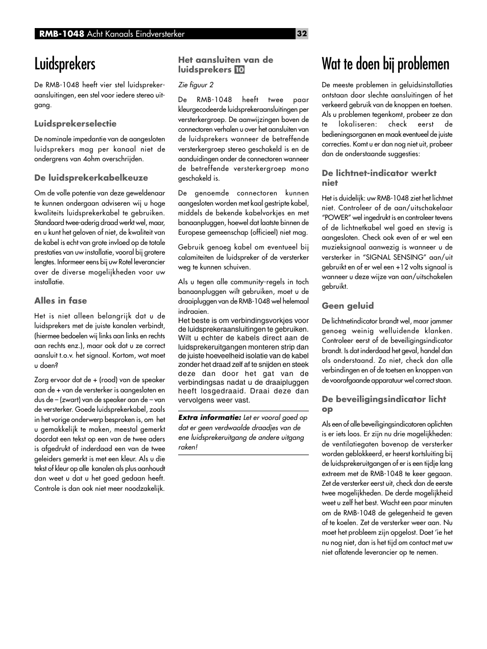 Luidsprekers, Wat te doen bij problemen | ROTEL Eight Channel Power Amplifier RMB-1048 User Manual | Page 32 / 40