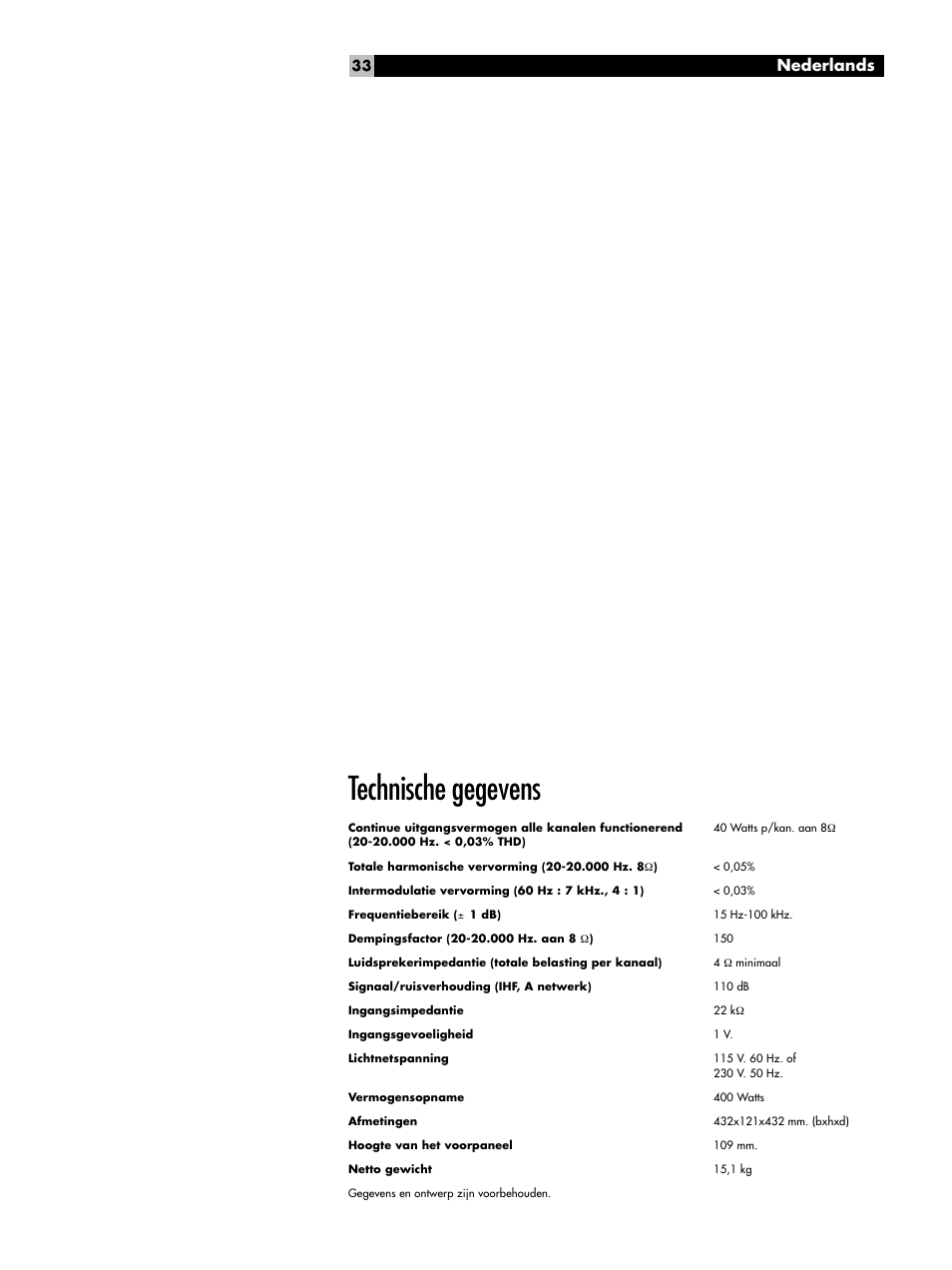 Technische gegevens, Nederlands | ROTEL Eight Channel Power Amplifier RMB-1048 User Manual | Page 33 / 40