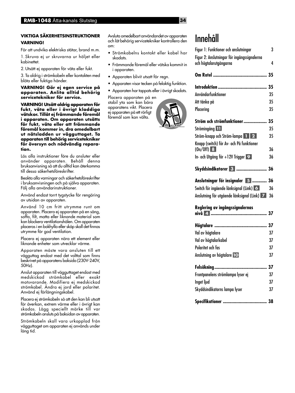 Innehåll | ROTEL Eight Channel Power Amplifier RMB-1048 User Manual | Page 34 / 40