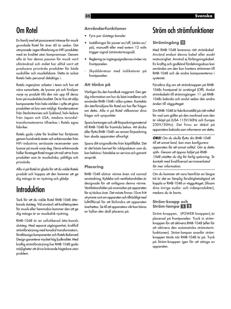 Om rotel, Introduktion, Ström och strömfunktioner | ROTEL Eight Channel Power Amplifier RMB-1048 User Manual | Page 35 / 40