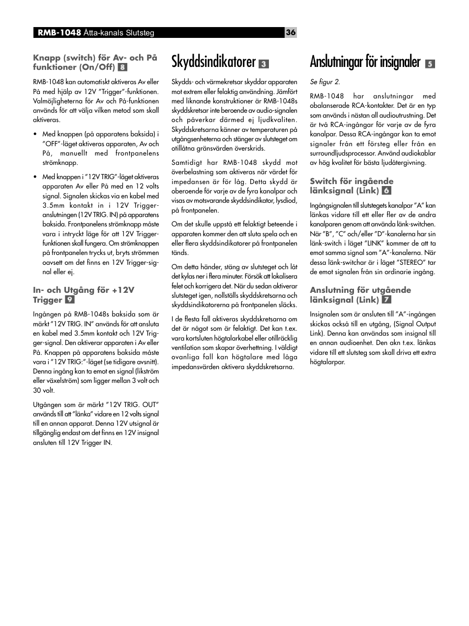 Skyddsindikatorer, Anslutningar för insignaler | ROTEL Eight Channel Power Amplifier RMB-1048 User Manual | Page 36 / 40