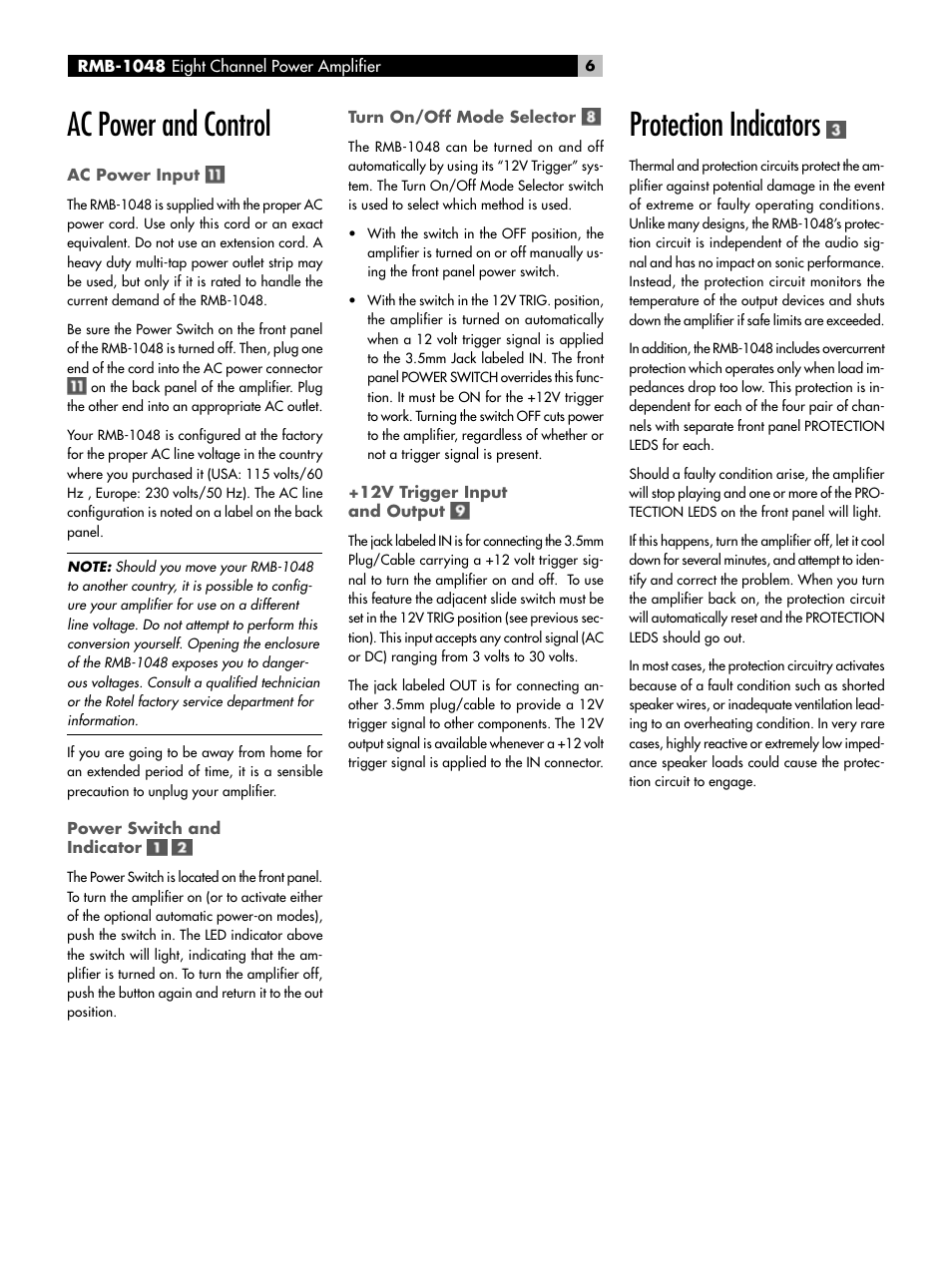 Ac power and control, Protection indicators | ROTEL Eight Channel Power Amplifier RMB-1048 User Manual | Page 6 / 40