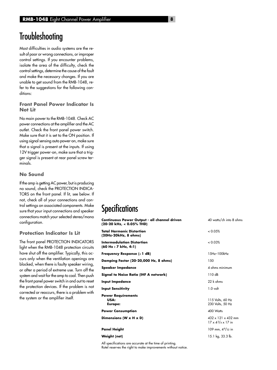 Troubleshooting, Specifications, Front panel power indicator is not lit | No sound, Protection indicator is lit, Rmb-1048 eight channel power amplifier | ROTEL Eight Channel Power Amplifier RMB-1048 User Manual | Page 8 / 40