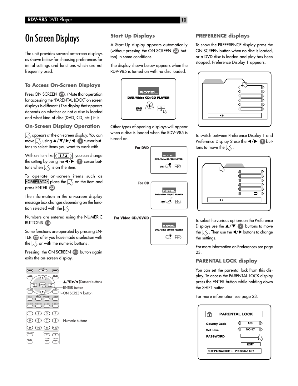 On screen displays, Rdv-985 dvd player, On-screen display operation | Start up displays, Preference displays, Parental lock display | ROTEL RDV-985 User Manual | Page 10 / 30