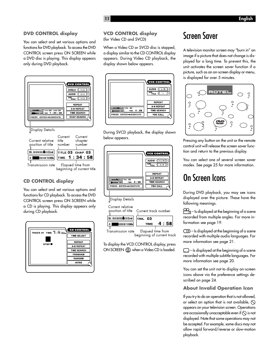 Screen saver, On screen icons | ROTEL RDV-985 User Manual | Page 11 / 30