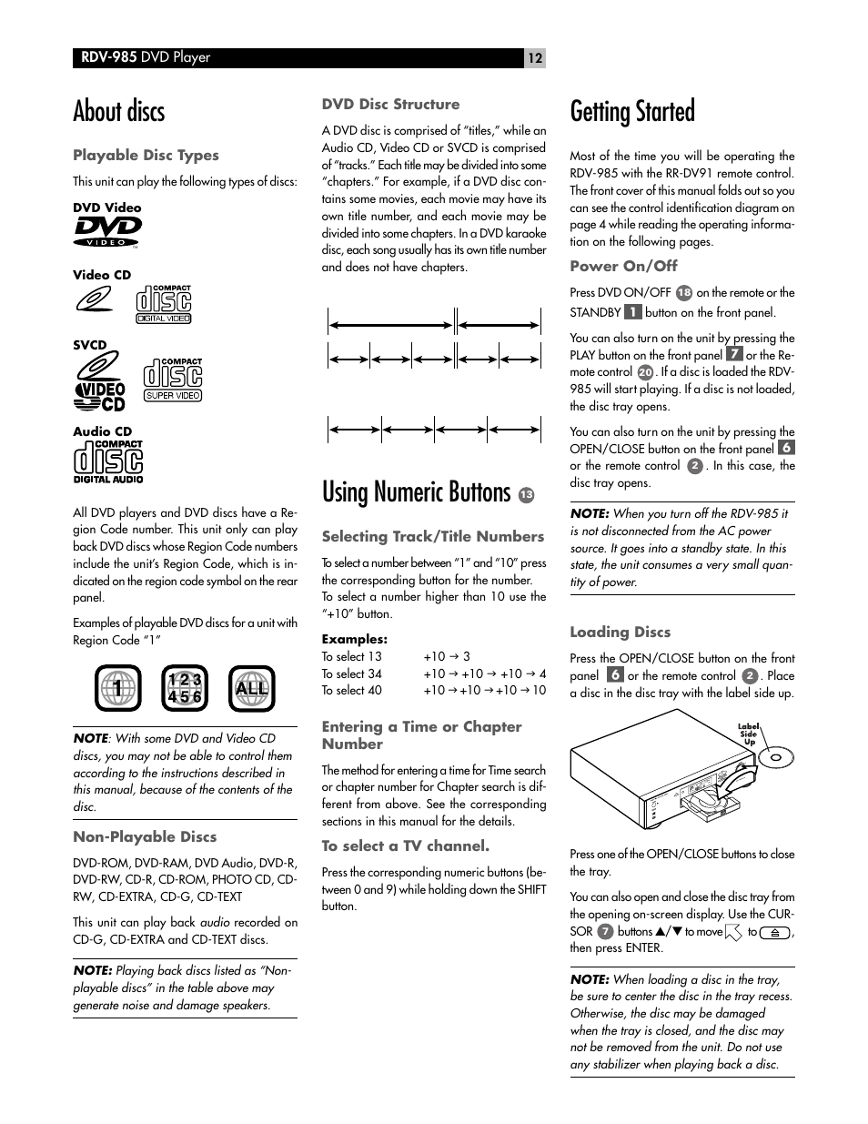 Using numeric buttons, About discs, Getting started | ROTEL RDV-985 User Manual | Page 12 / 30