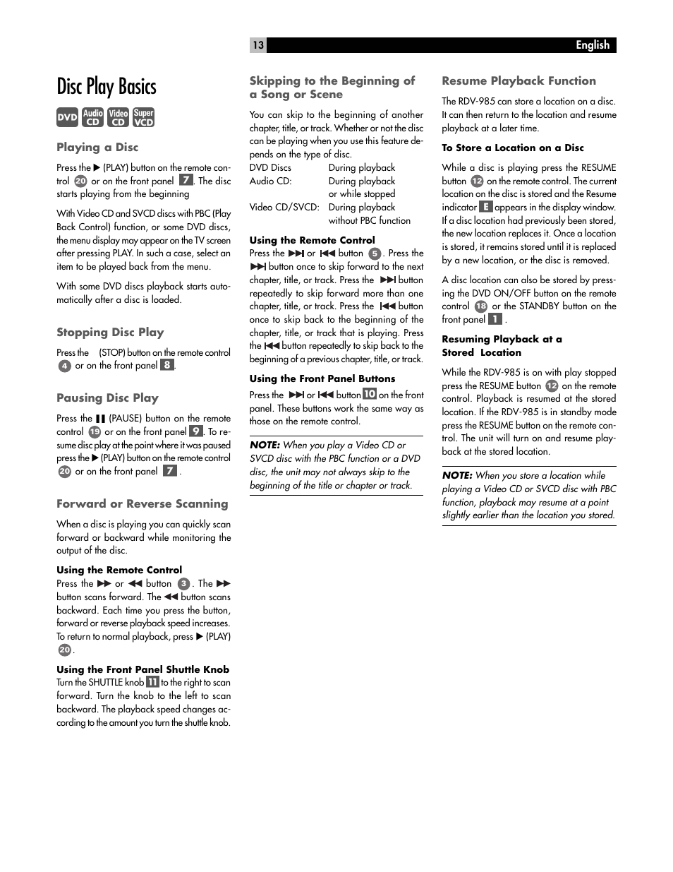 Disc play basics | ROTEL RDV-985 User Manual | Page 13 / 30