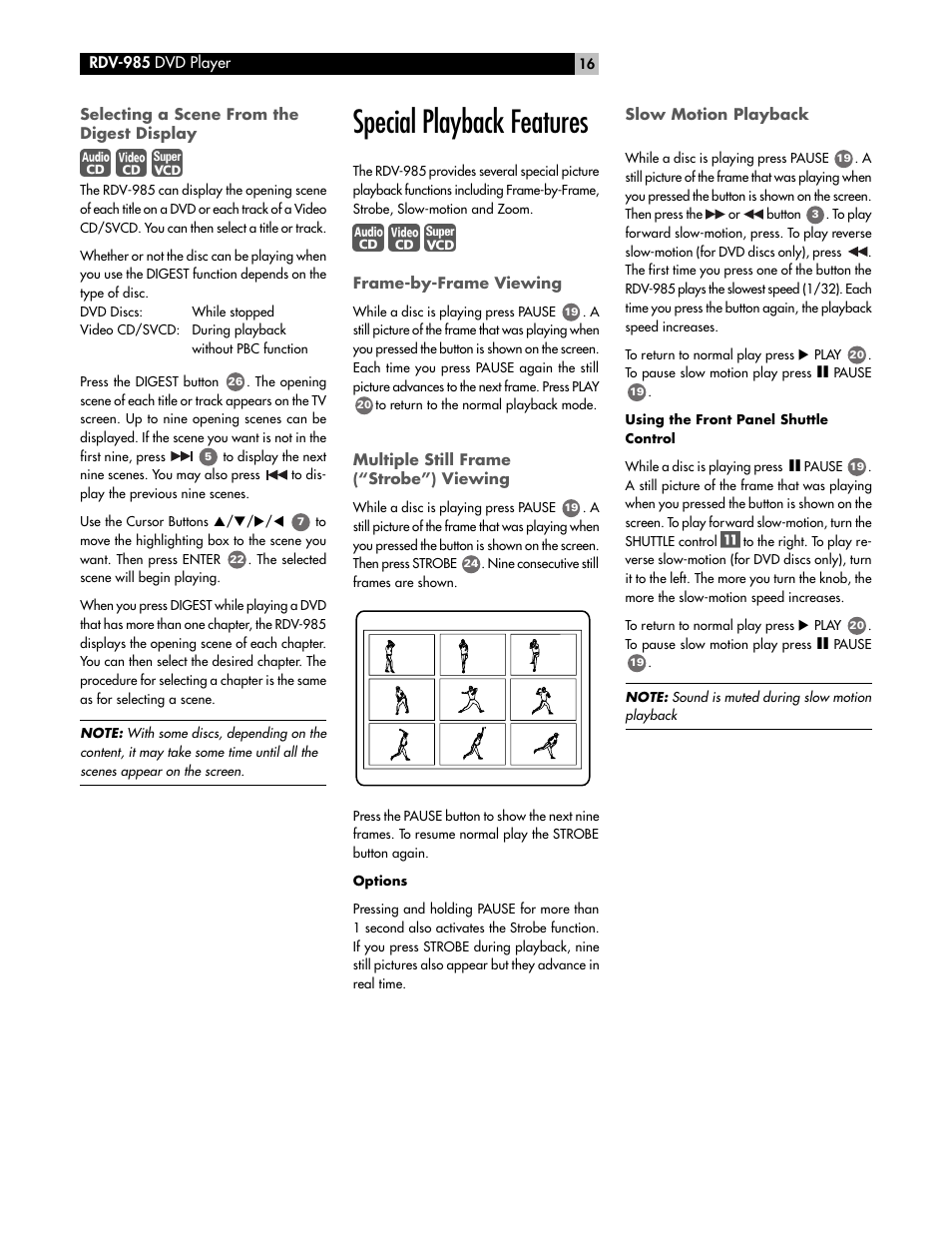 Special playback features | ROTEL RDV-985 User Manual | Page 16 / 30